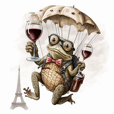 studious toad with glasses and red wine in his hand while parachuting from the Eifel tower, vintage, funny, white background, clipart, no shadows, caricature