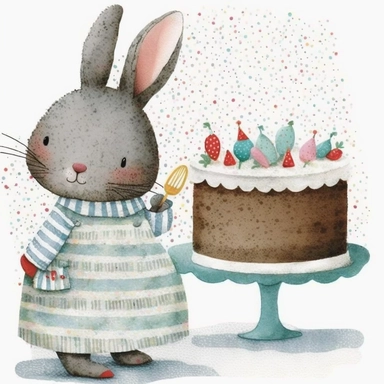 clipart, beautiful smiling,smiling little gray bunny,wear beautiful apron, with cake, Usborne and Eric Carle,