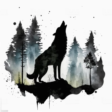 photo of a beautiful howling black wolf in the woods, watercolour clipart, minimalist, white background, 8k, 1606016102
