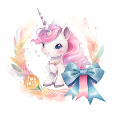 Name plate ribbon for text, cute unicorn birthday invite, kawaii style, watercolour clipart, pure white background
