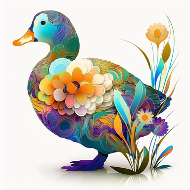 psychedelic cute real flower duck art nouveau, bright colours, clipart, centred, white background