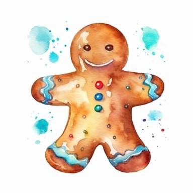 watercolor style, Gingerbread man: A cookie shaped like a person, often decorated with icing and candies. clipart, isolated on white background, 4K