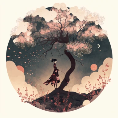 in the style of Ryo Takemasa, xuan loc xuan, Lisa Audit, Anastasia Suvorova, Jon Klassen, greg tocchini, single lady under sakura tree at night, fantasy, limpid, magical, mysterious, white background, vector, clipart, elaborate, ultra-detailed, best quality illustration, vibrant colors, high definition, UHD