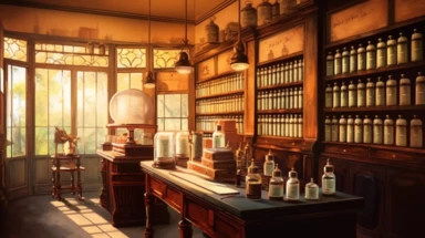 illustration, realistic interior of a vintage mumbai 1896 perfumery and pharmacy with some perfume bottle boxes incense boxes, atmospheric sunset lighting, Clipart, watercolor, realistic, full building, highly detailed, hdr, 32K, photo expert quality, watercolor realistic, hyperrealistic and highly detailed