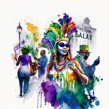 watercolor clipart, Louisiana Mardi Gras scene with happy people, bold colors white background--s 500
