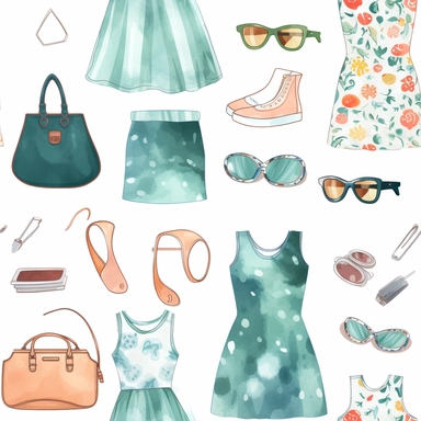 clipart 6 summer dress gadgets - Clothes hanger with a summer dress design Summer dress-shaped keychain Summer dress patterned phone case Summer dress-inspired tote bag Summer dress-shaped compact mirror Summer dress print water bottle - soft watercolor