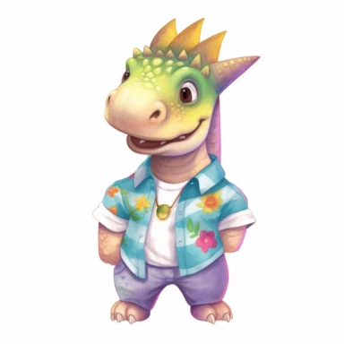 summer, cute Dinosaur wearing a Hawaiian shirt, cute pose, watercolor illustration for kids and children, clipart, sublimation, white background, brightly colored style, realistic color schemes, luminescent color scheme