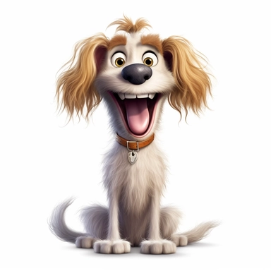 a really skinny cartoon dog with big smile, hair frizzed out, funny, full body image, pixar style, clipart, white background