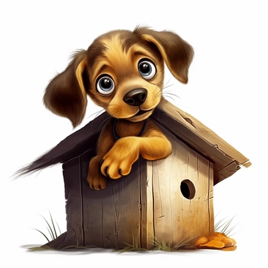 Picture a curious clipart puppy with wide eyes and a raised paw, peering over the edge of a doghouse, filled with anticipation and wonder against a clean white background.
