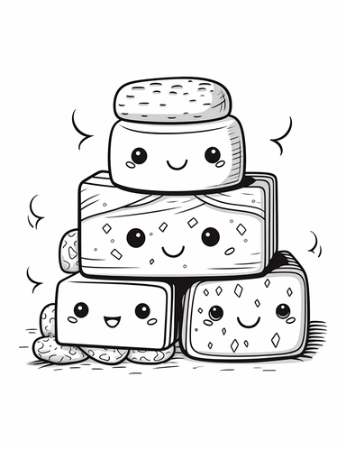 Kawaii s'mores with smiling faces, featuring toasted marshmallows, chocolate, and graham crackers For Simple Coloring page,line art, thick lines, black and white,clipart, illustration, on white background,margin Page 10px
