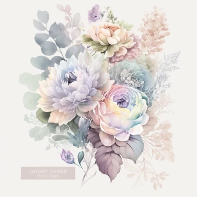soft colorful pastel colored floral arrangement clipart, soft and subtle, colorful fairy pastel colors watercolor style, fawncore, pastel roses only, single rose, light indigo pastel, light purple pastel, muted navy pastel, dreamy pastel colors, muted pastel colors, plain white background, use of fabric, excellent depth of shading in soft watercolor style, watercolor artwork, plain white background for transparent editing