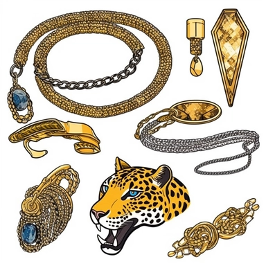 clipart neo tradional elements, expensive gold and diamond gaudy cuban chain necklaces, bracelets, rings, earrings by cartier tiffany pandora Inspired clothing clipart vector isolated on a white background, rapcore