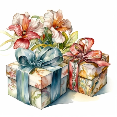 drawing of insanely beautiful floral patterned gift boxes, in the style of beatrice potter and jody Bergsma, tied with a red silk bow,32k uhd, hand-painted details, pastoral illustrations, amazing colour combinations , aquarellist, hd , white background clipart ,-- no watermark--ar 27:37