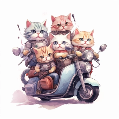 Create a clipart of a group of cute cats riding motorcycles together, perhaps forming a motorcycle gang. Low detail. White background, soft lighting. In the style of Bob Ross