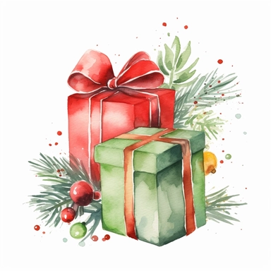 christmas present red and green clipart, watercolor illustration, white background