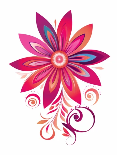 clipart, decorative flower, one per page, flat color clipart, bright hot pink primary colors, isolated on white background,
