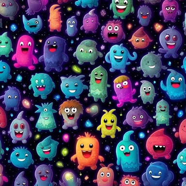 emoji clipart as cute monsters, seemless pattern, high res, iridescent, some bioluminescent