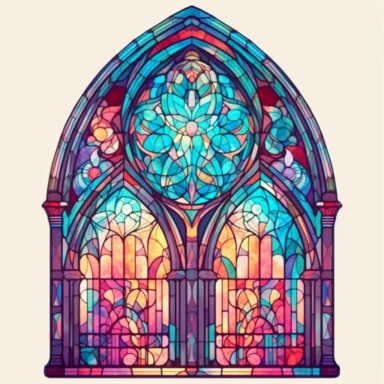 an intricate stained glass window design clipart, in the style of pastel gothic, #screenshotsaturday, reimagined religious art, multiple shapes,islamic art and architecture, watercolor illustrations, no background, vibrant colors, studio lighting