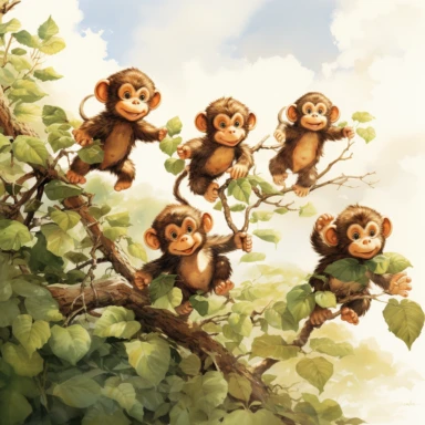 6 little monkeys jumping in the trees, watercolour clipart, children’s storybook illustration