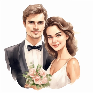 portret of a wedding pair, just married, cute family, style by Lusy Fleming, watercolor, clipart elements, smooth gradients, black contour outline, ultra detailed, white background, super clear, high quality