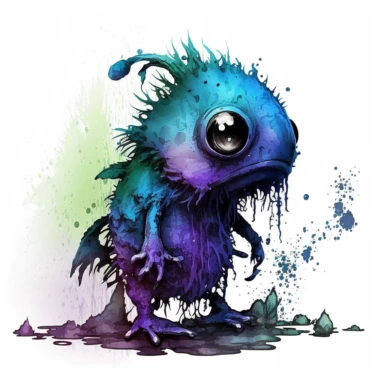 ink wash cute creature clipart on transparent background, rodney matthews style, no splash, black inky blue purple violet green, single sheet, 4k