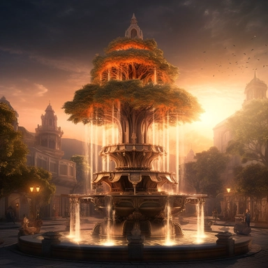 The image is a clipart-style depiction of an Ivory Fountain in the shape of a tree at the center of an elven city square. The tree has an orange glow emanating from it, creating an elegant and sophisticated mood. The background features a sunset lighting, adding to the regal atmosphere of the scene. The image incorporates light steam punk elements, giving the piece a unique twist on traditional fantasy art. The perspective is head-on, allowing for a clear view of the intricacies of the fountain'