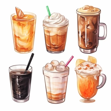 watercolor, Hot and cold coffee beverages. Different types of drinks set. Espresso, americano cup, cappuccino and latte in the paper mug, iced macchiato in the glass. png Full body realistic cartoon in 32K UHD cute. 15 cm thick outline. Black color. There was no shadow on the ground. 8k with realistic watercolors and detailed illustrations. PNG clipart, transparent white background