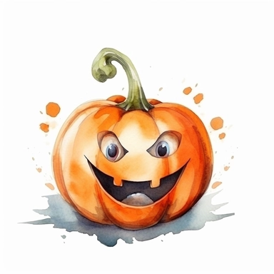 Halloween pumpkin, funny face, watercolor illustration for kids and children, clipart, sublimation, white background