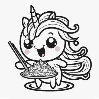 cute clipart cartoon of an happy unicorn what a belly with a plate of pasta at home coloring book cartoon style vector lines black and white with no background--v4