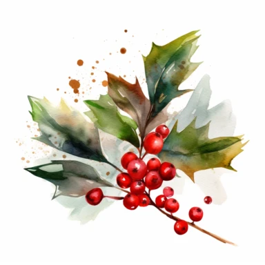 Watercolor, clipart, Christmas howcasing sprigs of holly leaves with vibrant red berries, on white background, space out ar 3:2