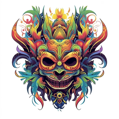 isolated flat clipart on a white background of a spooky day of dead themed voodoo mask tshirt design graphic, in the style of daniel f. gerhartz, transcendent, nikon d850, art of burma, captures the essence of nature, in the style of organic forms and patterns, expansive skies, hyper-detailed illustrations, i can't believe how beautiful this is, lively colors