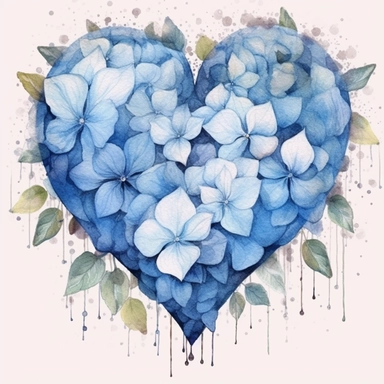 one watercolor heart shaped flower frame beautiful hydrangea clipart on a white background, in the style of dark blue and light blue, elaborate borders, hyper-realistic water, handcrafted designs, water and land fusion, dark sky-blue and light beige, water drops, no watermark, text, 300 DPI , typography, shapes do not stick together, no text in the picture, on a white background