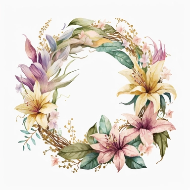 watercolor Easter Lily flowers wreath, Easter element, clipart, on white background