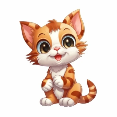 A high-quality cartoon clipart displaying a cute little cat in its entirety, positioned against a solid white background, ensuring excellent clarity and capturing the kitten's lively spirit