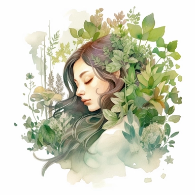 A girl surrounded by fragrant herbs in her garden, enjoying the aromas and flavors they offer, pastel colors, white background, watercolor splash, clipart, by Jack Hughes