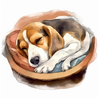 watercolor clipart image, beagle sleeping in dog bed, white background