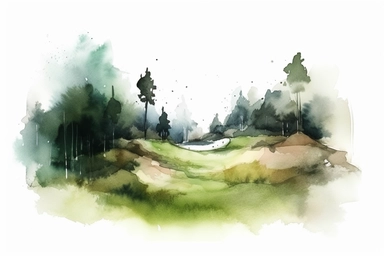 watercolour modern golf course, tee shot, in the style of uhd image HD, very detail clipart on white background space out 8k
