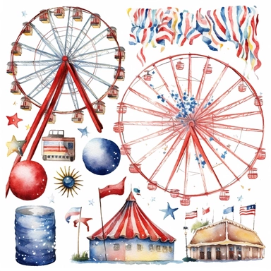 watercolor clipart set 4th of july fireworks, carousel, banner, rides, white background, photo realistic