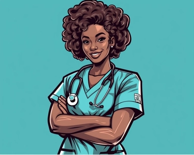 a nurse clip art clipart graphic, in the style of afrofuturism-inspired, dark black and light aquamarine, #screenshotsaturday, shuzo oshimi, bob ross, dry wit humor, stencils