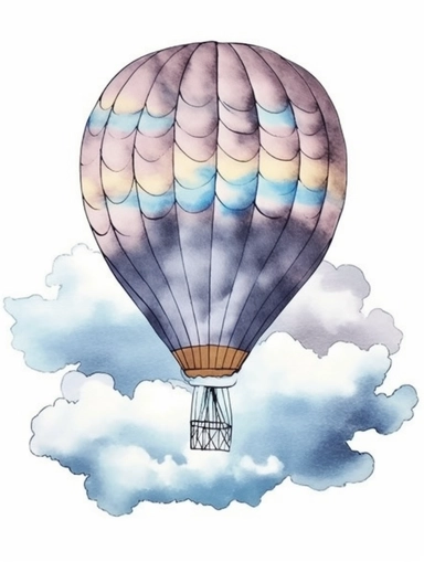 watercolor clipart with white background, hotair balloon floating in giant clouds, flat design, clearly defined separated image, high quality