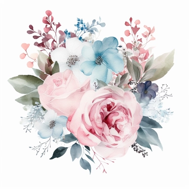 minimalistic and filigree watercolor clipart of a beautiful Dreamy soft pink and light blue flower arrangement for wedding cards, white background, seperated