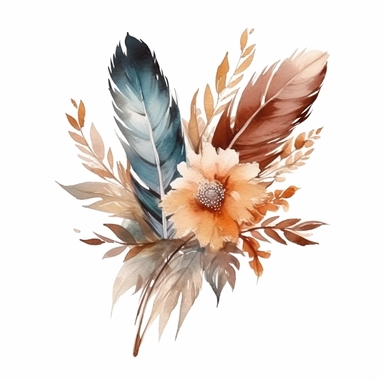watercolor, single bunch of rustic flowers with feathers, bottom left-hand corner scroll ideal for wedding stationery, clipart