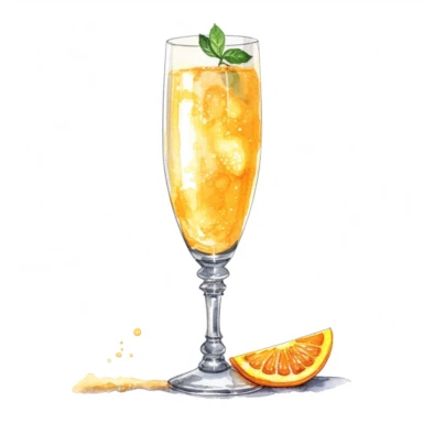 hand drawn flute of orange juice and champagne, very detailed and realistic, watercolor, white background with margins, clipart style — uplight