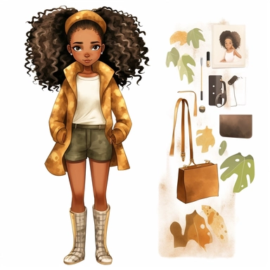 pretty African American girl water color character clipart, cute girl wearing modern style clothing realistic digital art, white background, s1000