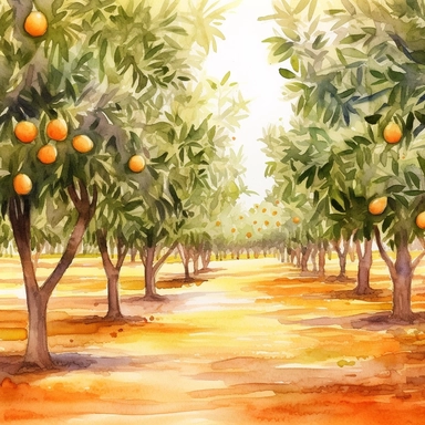 Citrus Grove: Create a watercolor clipart of an expansive orange grove, capturing the rows of trees and the play of light and shadow. Incorporate warm earthy tones and a sense of depth to bring the scene to life.