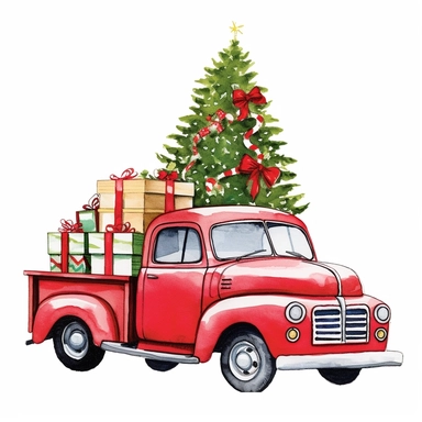 red christmas truck with chrristmas tree and presents clipart, white background