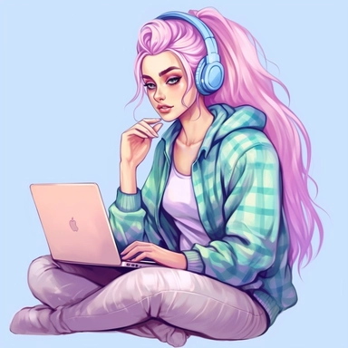 fashion illustration cute woman with hair in a bun working on a laptop with pastel long hair full body clipart
