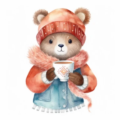 A Cute winter Watercolor Clipart , hand drawn ,a female bear holding a cup of hot coco while wearing a winter costume looking knowingly out over the street from the window, cozy ,highly detailed,white background for removing background - - no text shadow font watermark