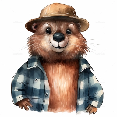 clipart of anthropomorphized beaver, flannel shirt, big eyes, cute, blank background,detailed, lumberjack, watercolor, painted