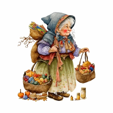 la befana the Italian christmas witch, bag of toys, sweets, folklore, watercolor, white background, clipart